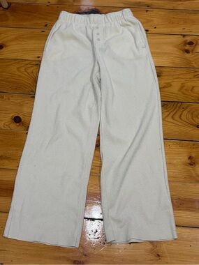 Cream Wide-Leg Women's Pants with Button-Front Waist